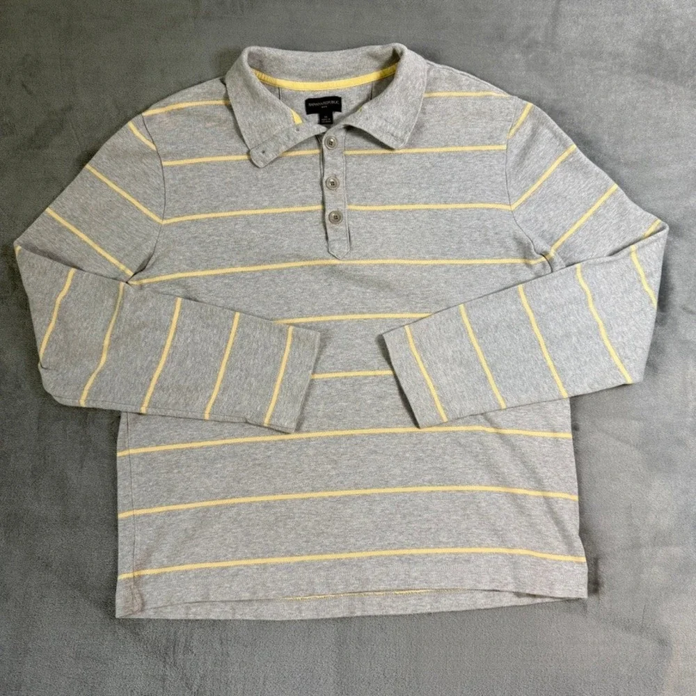 Banana Republic Mens XL Long Sleeve Polo‎ Shirt Grey Yellow Striped Jersey Knit